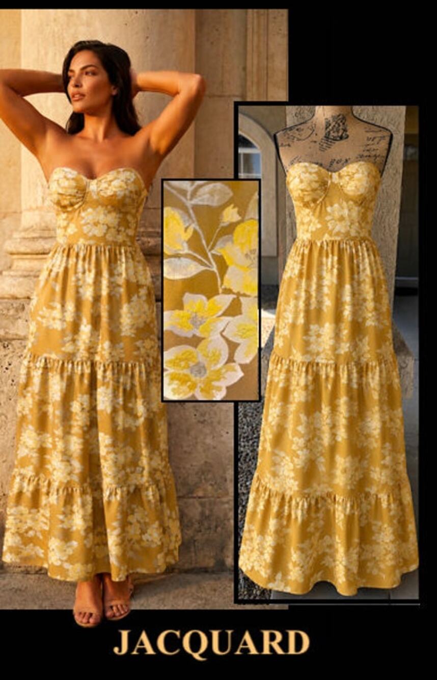Lulus Petrina Padded Cups Strapless Golden Yellow Floral Jacquard Maxi Dress S